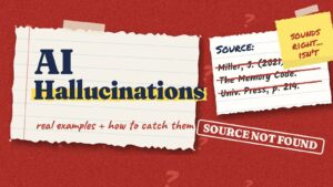 Red paper with a torn notebook page reading AI Hallucinations, an index card with a made-up book citation crossed out and a stamp reading Source not found