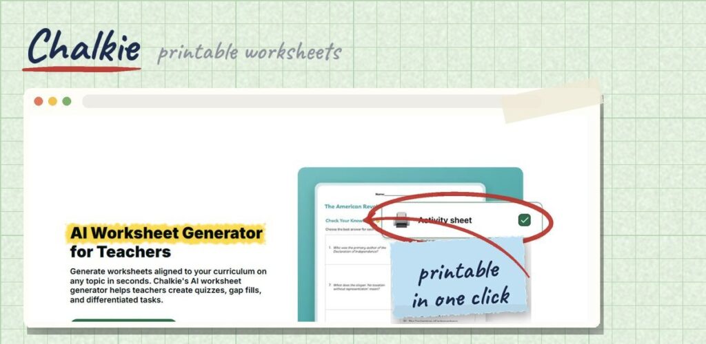 Screenshot of the Chalkie AI worksheet generator page with the Activity sheet button circled in red
