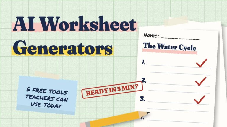 Mint graph paper with the title AI Worksheet Generators, a stack of worksheets with red check marks, a pencil, a sticky note reading 6 free tools and a stamp reading Ready in 5 min