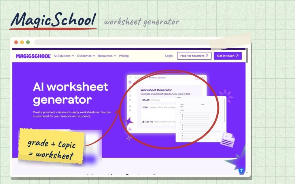 Screenshot of the MagicSchool AI worksheet generator page with the worksheet form circled in red