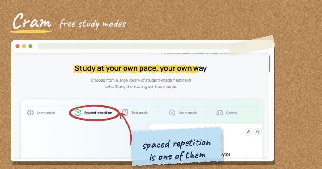 Screenshot of Cram's study modes with the Spaced repetition tab circled in red