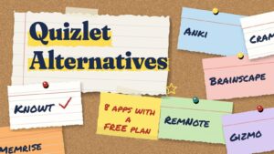 Cork board with pinned index cards labeled Knowt, Anki, Brainscape, RemNote, Gizmo and Memrise, a torn notebook page reading Quizlet Alternatives and a sticky note reading 8 apps with a free plan