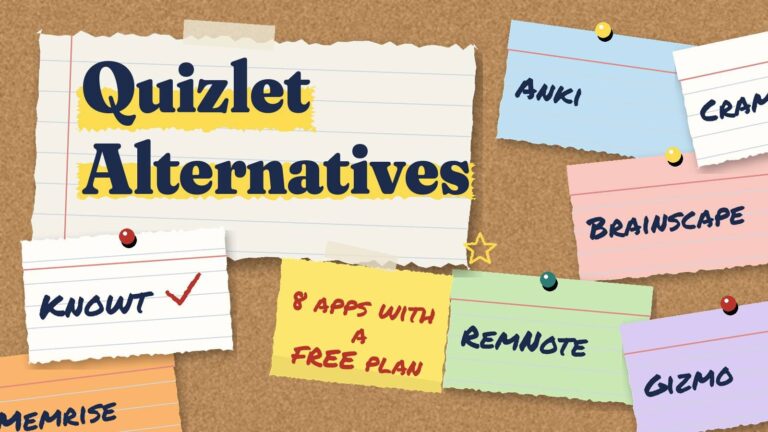 Cork board with pinned index cards labeled Knowt, Anki, Brainscape, RemNote, Gizmo and Memrise, a torn notebook page reading Quizlet Alternatives and a sticky note reading 8 apps with a free plan