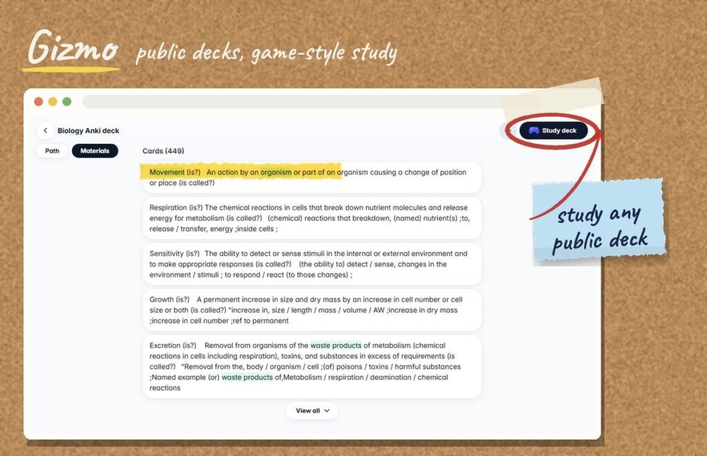 Screenshot of a public Gizmo deck with the Study deck button circled in red and the first card highlighted