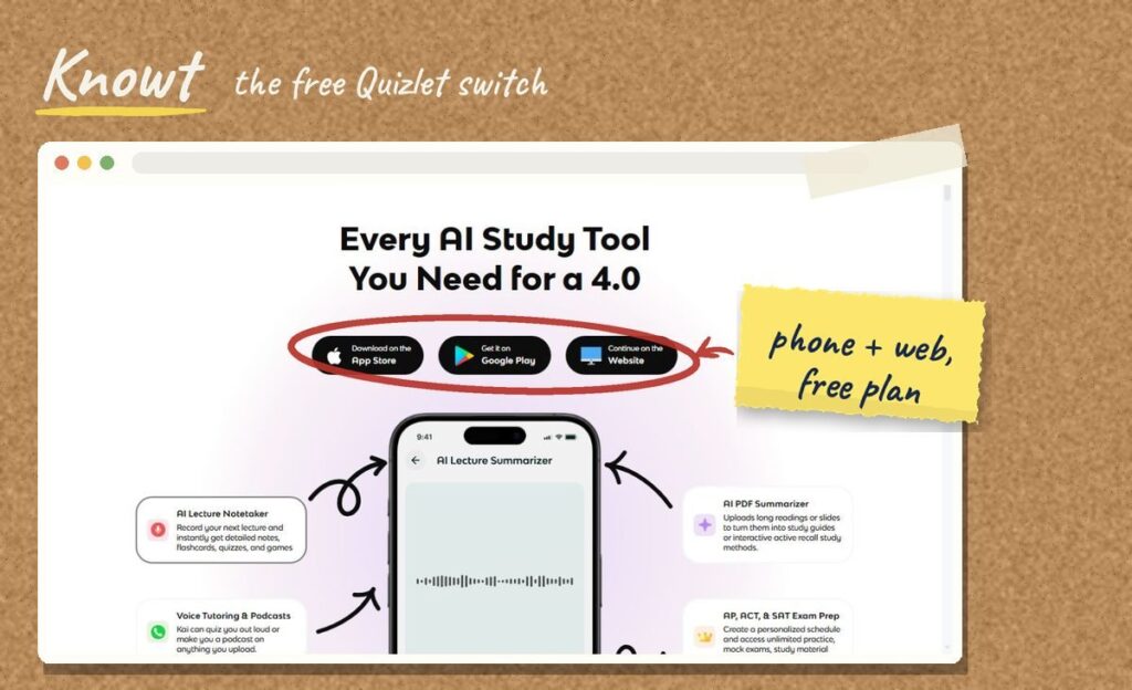 Screenshot of the Knowt homepage with the App Store, Google Play and website buttons circled in red and a note reading on phone and web, free