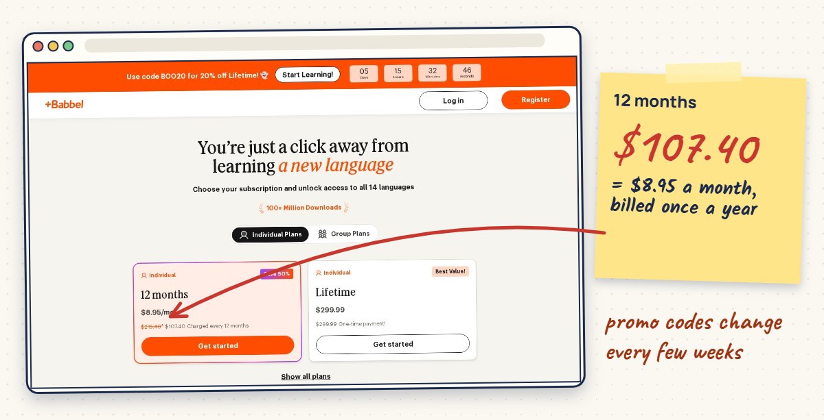 Babbel's prices page showing the 12-month plan and the Lifetime plan, annotated with the 12-month price of $107.40.