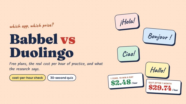Hand-drawn speech bubbles saying Hola, Bonjour, Ciao and Hallo next to the title Babbel vs Duolingo, with two price cards: 2.48 dollars an hour for a year of practice, 29.74 dollars an hour if you quit after a month.