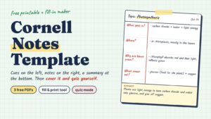 A Cornell notes page on photosynthesis taped to green graph paper: questions in a red cue column, notes on the right and a summary at the bottom, next to the title Cornell Notes Template.