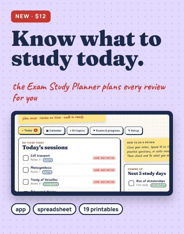 New: the Exam Study Planner app shows what to study today. $12 on Gumroad.