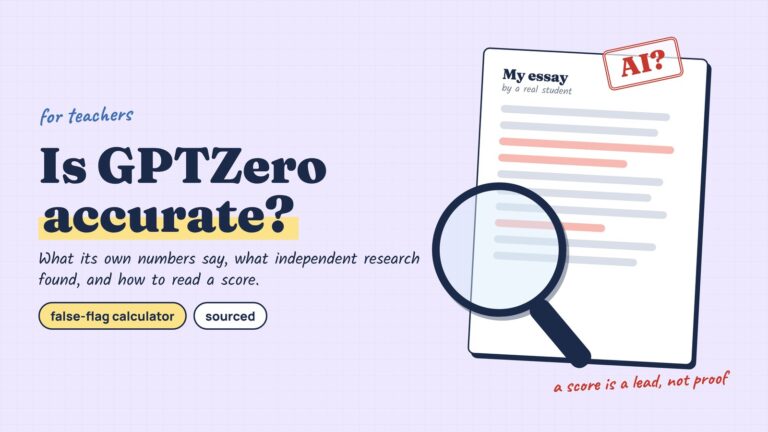 A student essay with a few highlighted lines under a magnifying glass, a red stamp reading AI? and the title Is GPTZero accurate? with the note: a score is a lead, not proof.