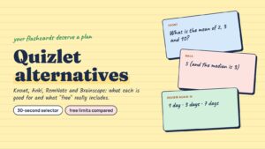 Three hand-drawn flashcards: a question about the mean of 2, 3 and 10, its answer, and a review schedule of 1, 3 and 7 days, next to the title Quizlet alternatives.