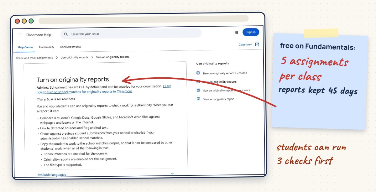Google's Classroom Help page about turning on originality reports, annotated: 5 assignments per class on the free Fundamentals edition.
